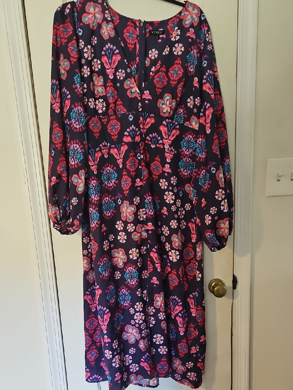 VENUS Navy Long Sleeve Floral Midi Dress With Balloon Sleeves